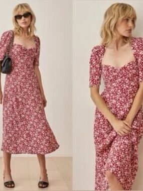 Reformation “Matin” Floral Print Midi Dress With Sweetheart Neck And Rear Zip